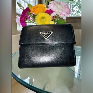 Prada Black Textured Saffiano Leather Wallet with Triangle Logo